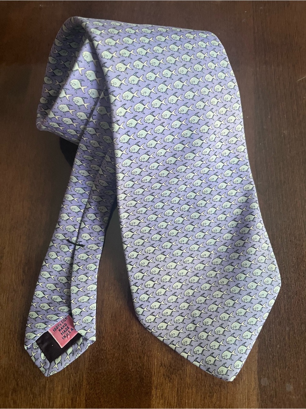 Vineyard Vines Lavender Tie with Mint Fish Motif